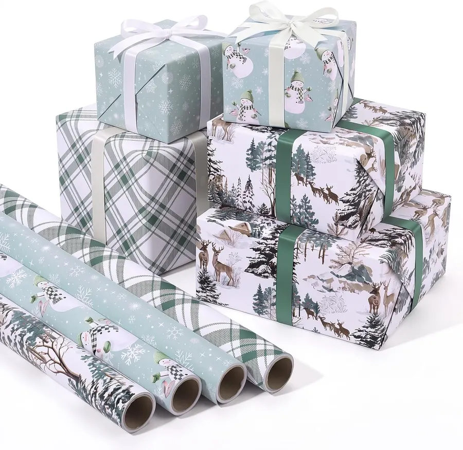 Papel de regalo de Navidad verde salvia jumbo bosque — imagen 1