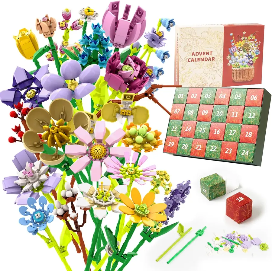 Calendario de Adviento 2026, bloques de construcción de Navidad con flores grandes — imagen 1