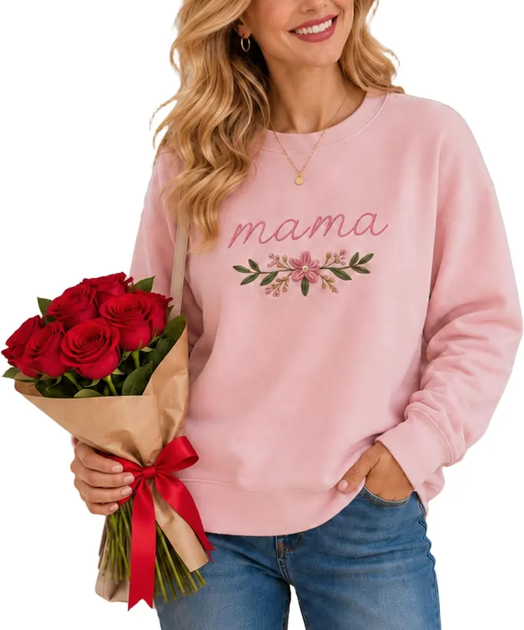 Sudadera bordada floral "Just 9.XX for Mama" a US$9.99 en Amazon — imagen 1