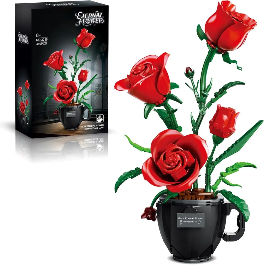 Set construcción rosas rojas 450 piezas con taza café jarrón, ONIMISC, compatible Lego — imagen 1
