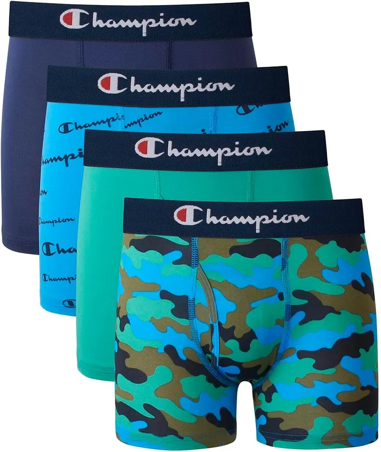 Set de 4 calzoncillos boxer para niño Champion estirables y ligeros en azul marino, verde, camuflaje y estampado — imagen 1