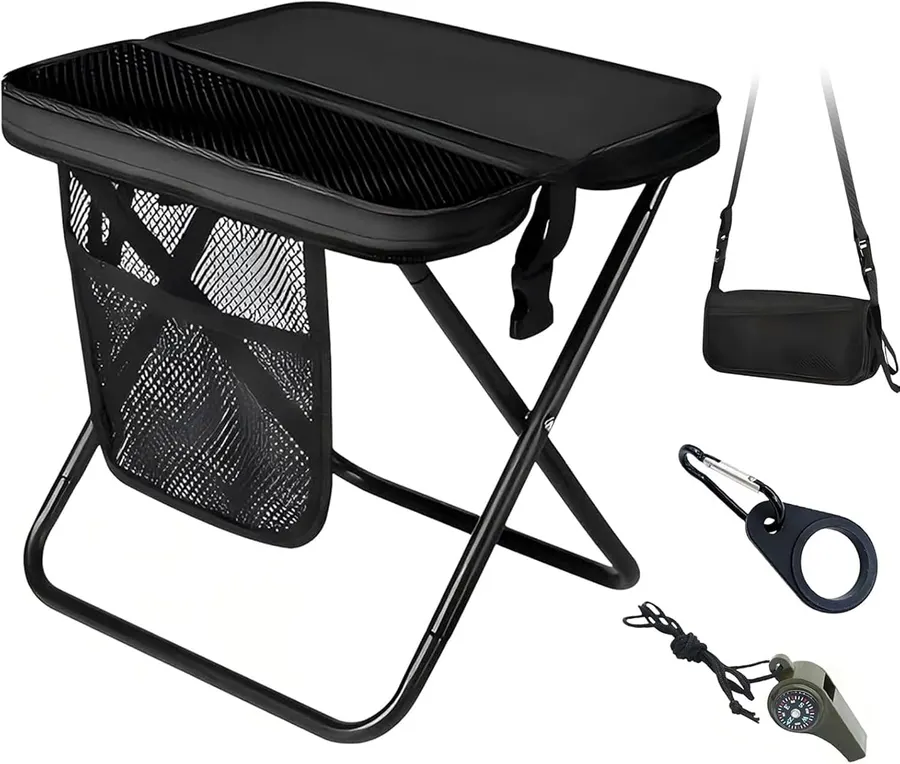 Banqueta plegable de camping Haenaeg con 3 bolsillos, marco metal, silbato 3 en 1 negro — imagen 1