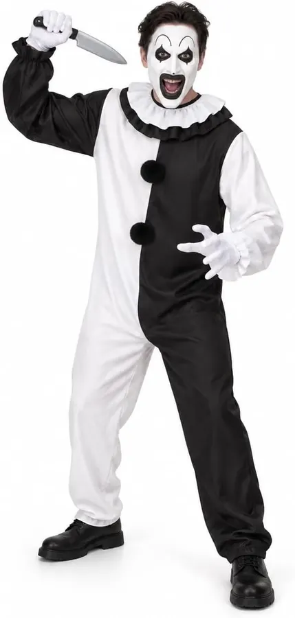 Disfraz de payaso aterrador adulto negro blanco con máscara, jumpsuit, guantes y cuchillo utilería, GentleVerse — imagen 1