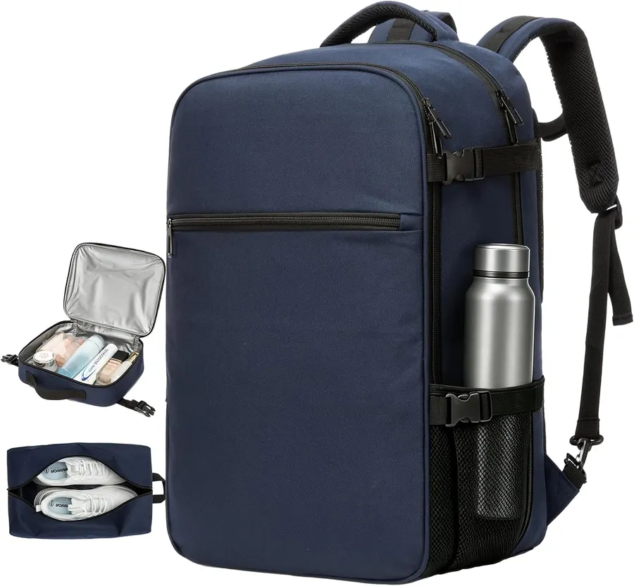 Mochila de viaje HyperNew 40L azul, diseño abatible 180°, compartimiento laptop 18.5", bolsa zapatos y húmedo-seco — imagen 1