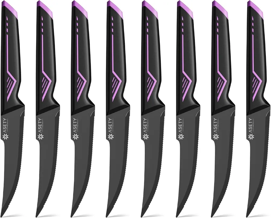 Set 8 cuchillos para carne serrados 11cm acero inoxidable alto carbono ASETY mango ergonómico púrpura — imagen 1