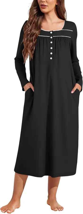 Ekouaer Camisón de Manga Larga para Dama - Estilo Henley y Confortable — imagen 1