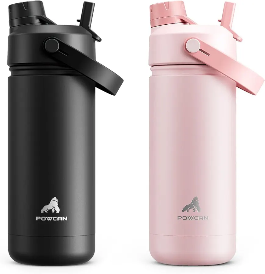 Pack 2 botellas termos para niños 530ml con tapa 2 en 1 anti-derrames, acero inoxidable aislante 24 horas POWCAN — imagen 1