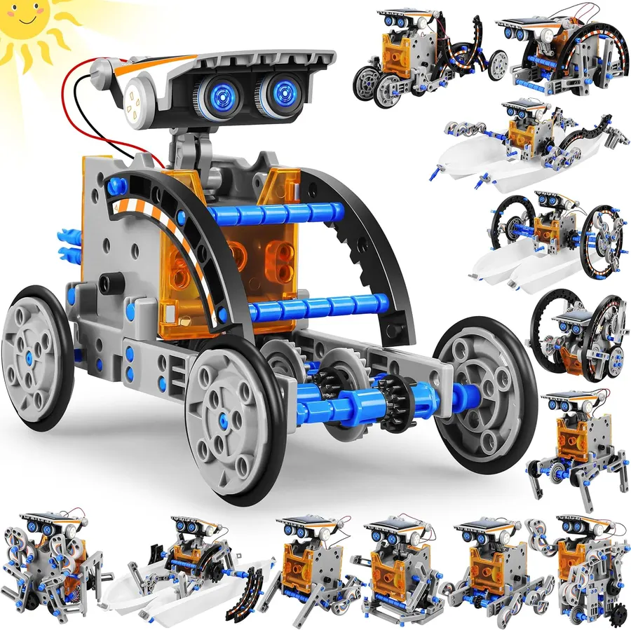 Kit robotica solar 13 en 1, construye 13 robots diferentes tierra agua, educativo STEM niños 8-12 años Bottleboom azul gris — imagen 1