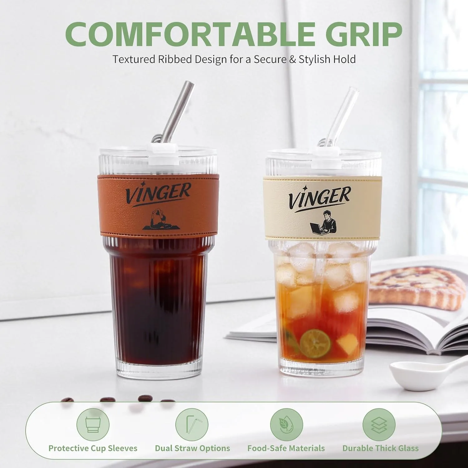 Set 2 Vasos de Vidrio 591 ml con Tapas y Pitillos — imagen 3