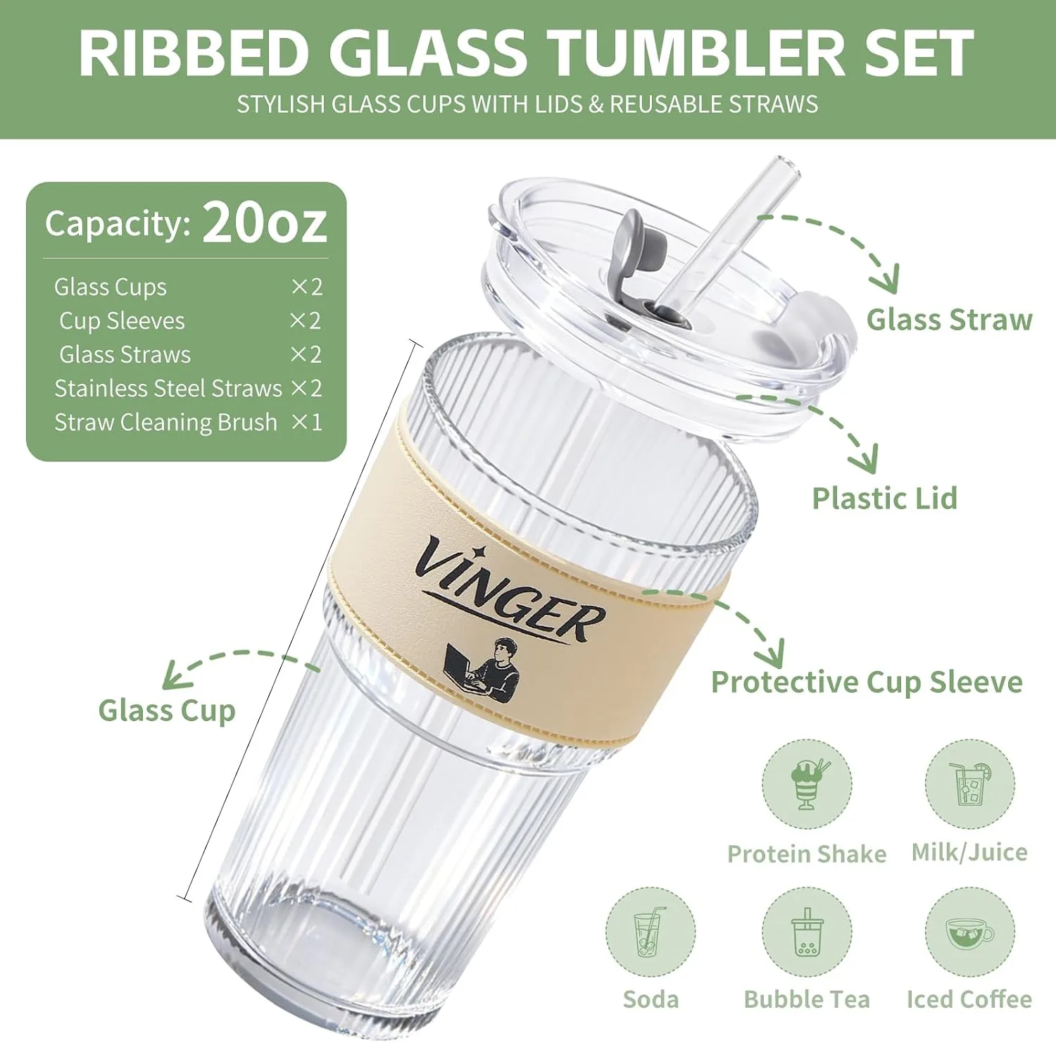 Set 2 Vasos de Vidrio 591 ml con Tapas y Pitillos — imagen 2