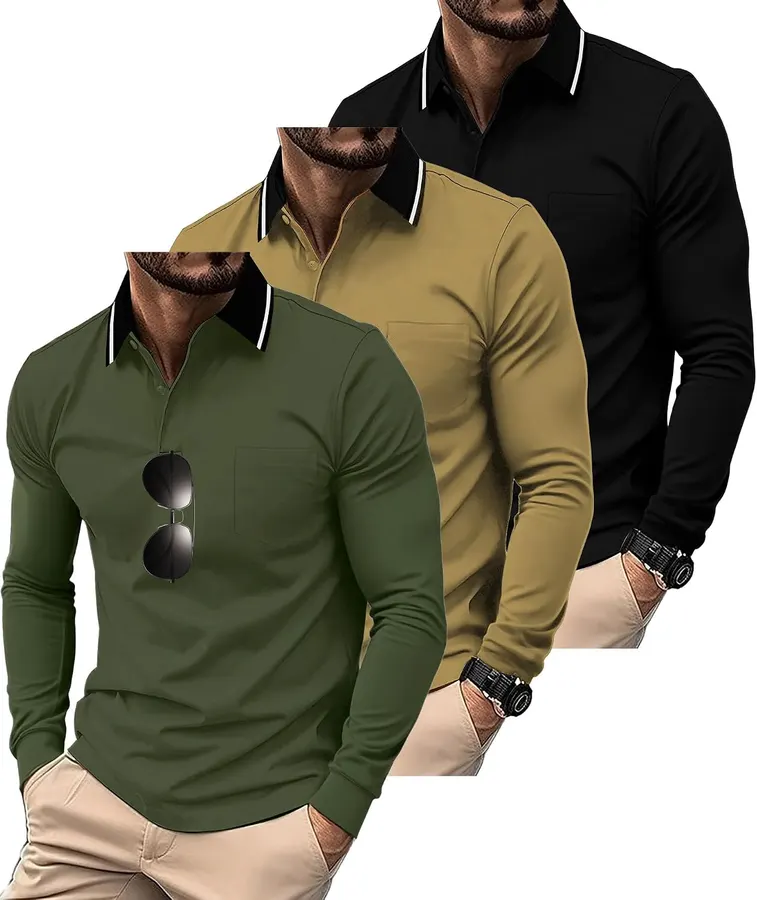 Paquete de 3 camisas polo de manga larga con bolsillo para hombre — imagen 1