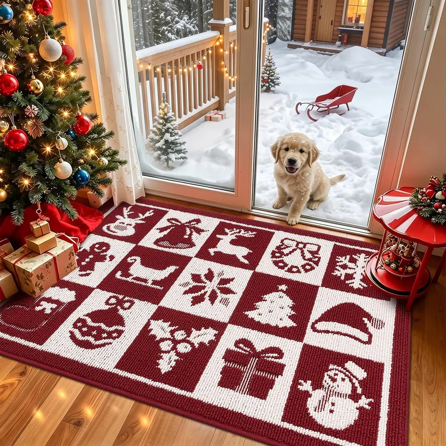 Tapete de puerta de Navidad rojo a cuadros de 31 x 47 pulgadas — imagen 1