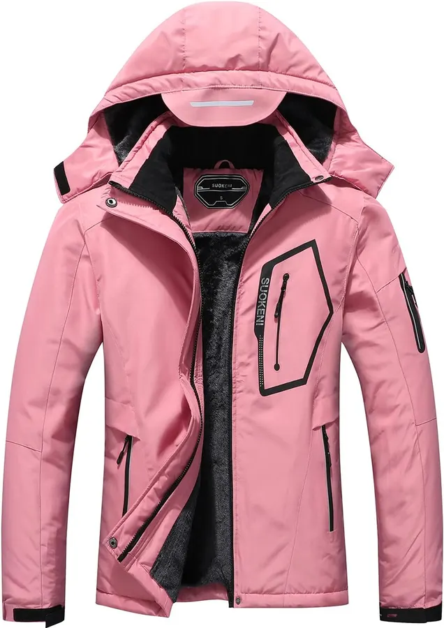 Chaqueta de esquí impermeable para mujer, cálida con capucha desmontable, bolsillos múltiples, SUOKENI, rosa — imagen 1