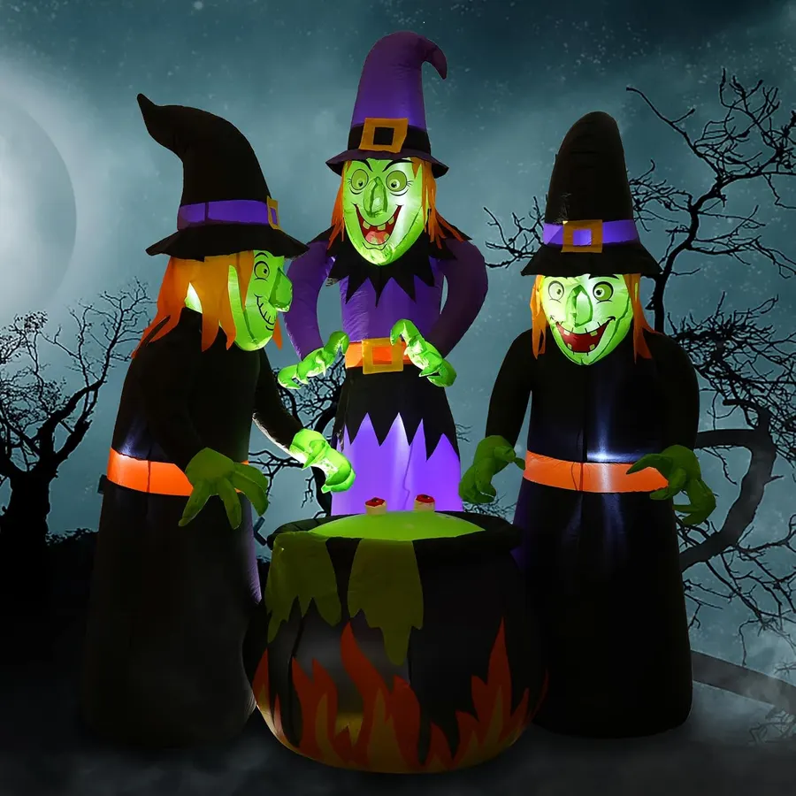 Decoración inflable Halloween 1.8m tres brujas alrededor de caldero con luces LED integradas verde y negro Double Couple — imagen 1