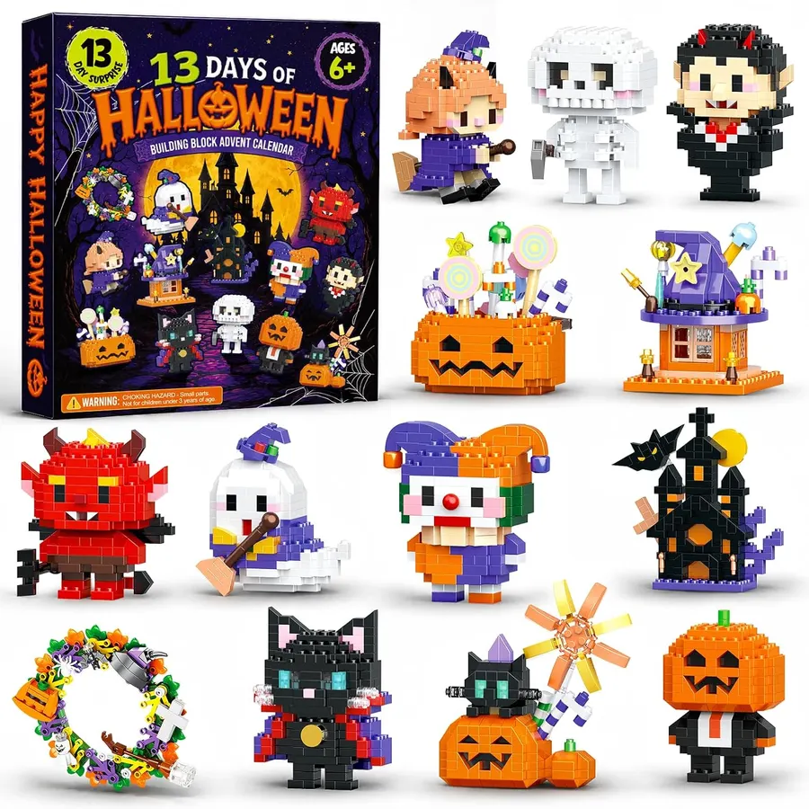Set 13 bloques de construcción Halloween con figuras bruja, fantasma, calabaza, vampiro y monstruo Kederwa negro — imagen 1