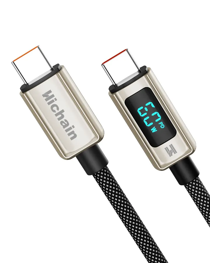 Cable USB-C a USB-C 1.8m trenzado nylon con pantalla LED, carga rápida 60W Hichain plata — imagen 1