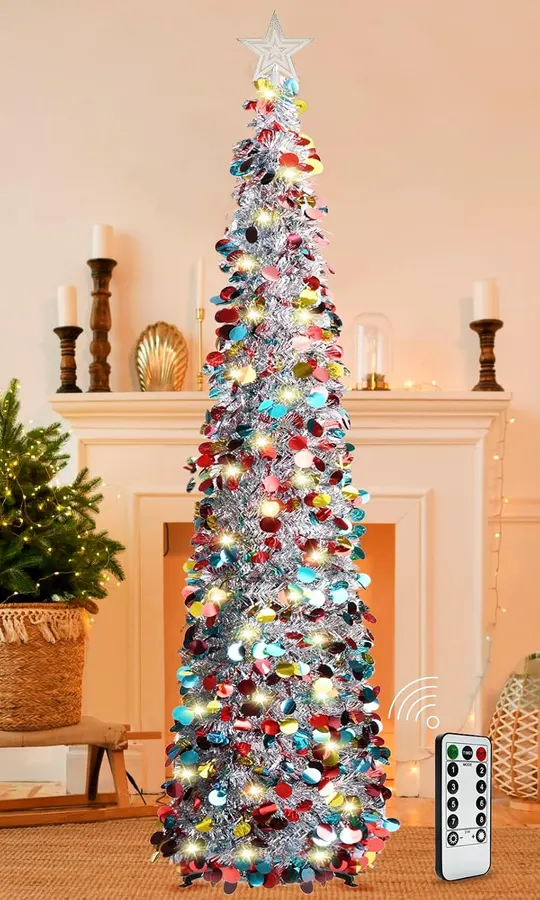 Árbol de navidad de oropel de 1.5 m con modos de 8 luces remotas — imagen 1