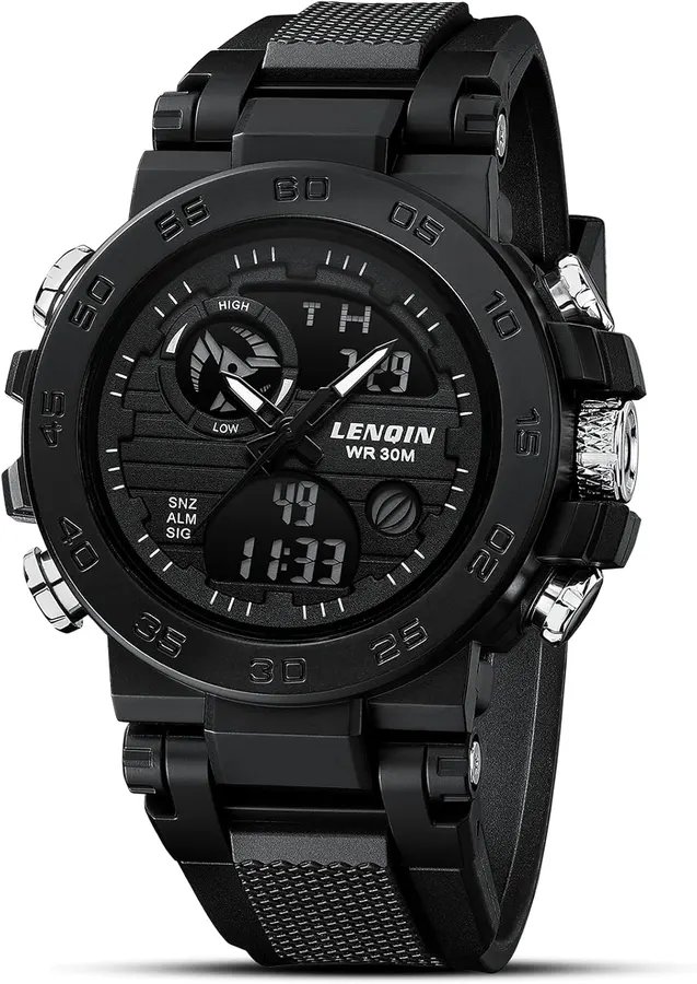 Reloj digital militar LN LENQIN pantalla grande 52mm doble zona horaria alarma cronómetro resistente al agua negro — imagen 1