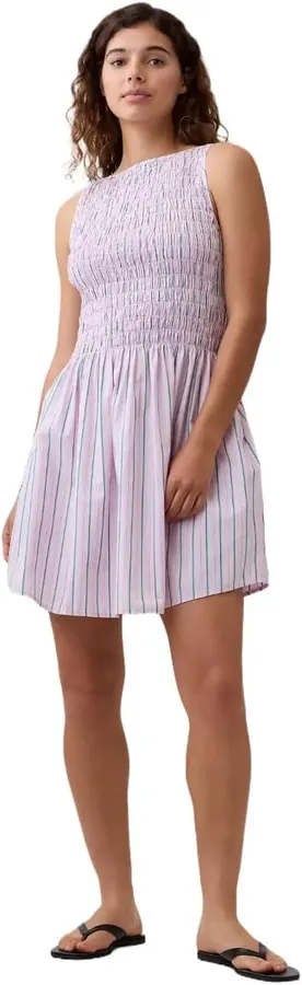 GAP Vestido midi fruncido para mujer, Raya rosa — imagen 1