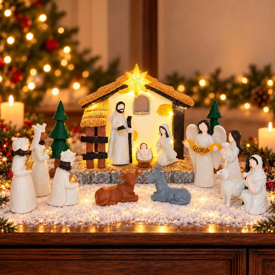 Pesebre, Belén de Navidad de 15 piezas, escena iluminada — imagen 1