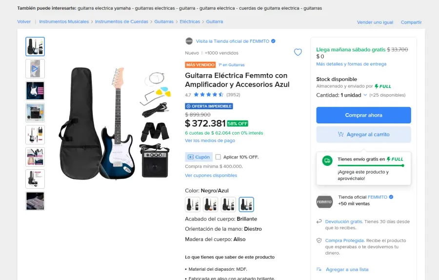 Guitarra Eléctrica Femmto con Amplificador y Accesorios Azul — imagen 1