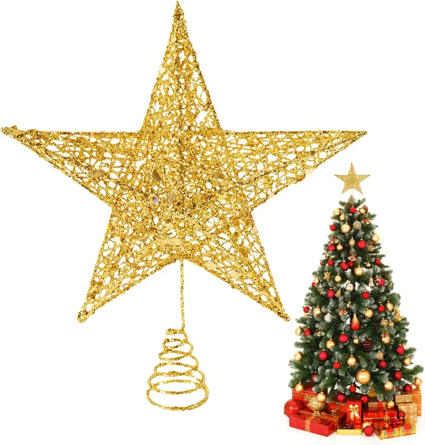 Decoración para árbol de Navidad, estrella dorada con purpurina — imagen 1