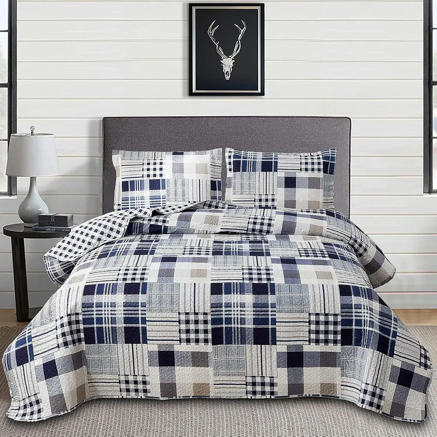Juego de Colchas Reversible King Size con Cuadro en Verde, Azul y Marrón, Ligero y Transpirable — imagen 1