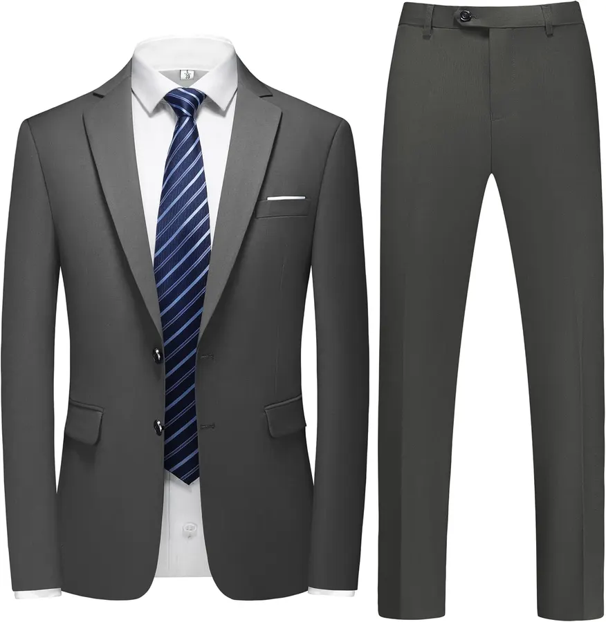 Traje slim fit dos piezas para hombre Dbutiy, blazer dos botones, pantalones y corbata seda gris oscuro — imagen 1