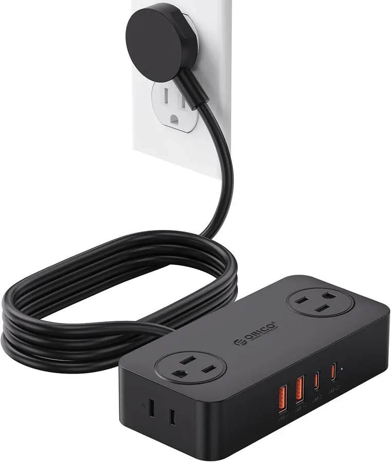 Regleta de enchufes ORICO 5 pies, 8 en 1 con 4 tomas AC, 2 USB-C, 2 USB-A negra — imagen 1