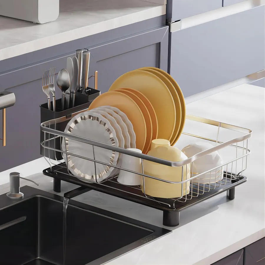 Escurridor de platos acero inoxidable, organizador de cubiertos, ranuras para cuchillos, compacto AIDERLY negro — imagen 1