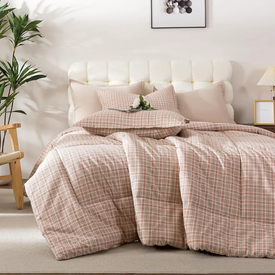 Conjunto de Cobertor Caressma Twin, Elegante Gingham Rosa y Gris para Todas las Estaciones — imagen 1