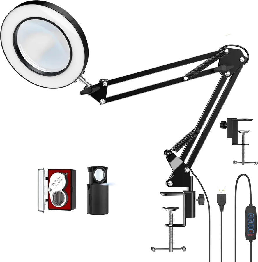 Lámpara de escritorio con lupa 10X y 72 LEDs, 3 modos de color y 2 lupas para joyeros — imagen 1