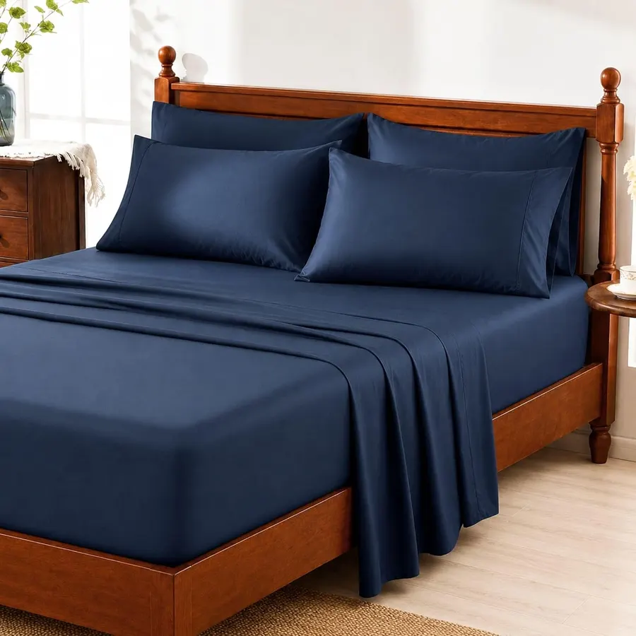 Juego de sábanas Chaps 6 piezas Queen con fundas de almohada bolsillos profundos sin arrugas azul marino — imagen 1