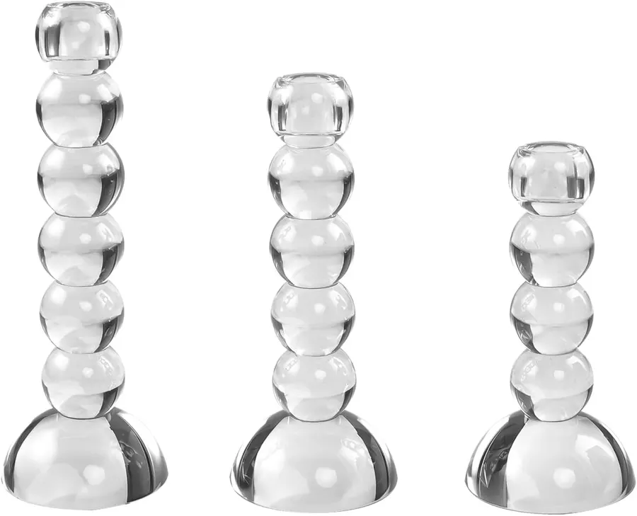 Set 3 candelabros de cristal alturas 15cm, 19cm y 23cm con bases redondas estables, kitCom transparente — imagen 1
