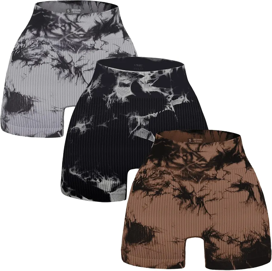 Set de 3 Shorts Deportivos Acanalados Sin Costuras de Cintura Alta — imagen 1