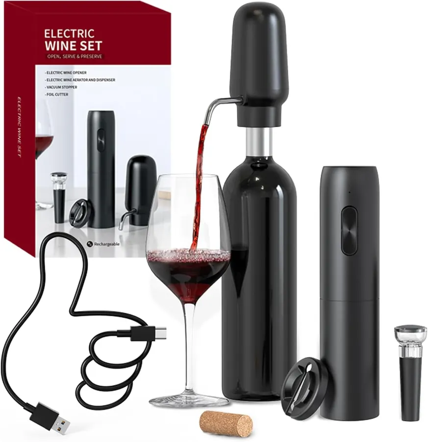Juego sacacorchos eléctrico 4 en 1 CIRCLE JOY recargable con aireador aerador vino negro — imagen 1