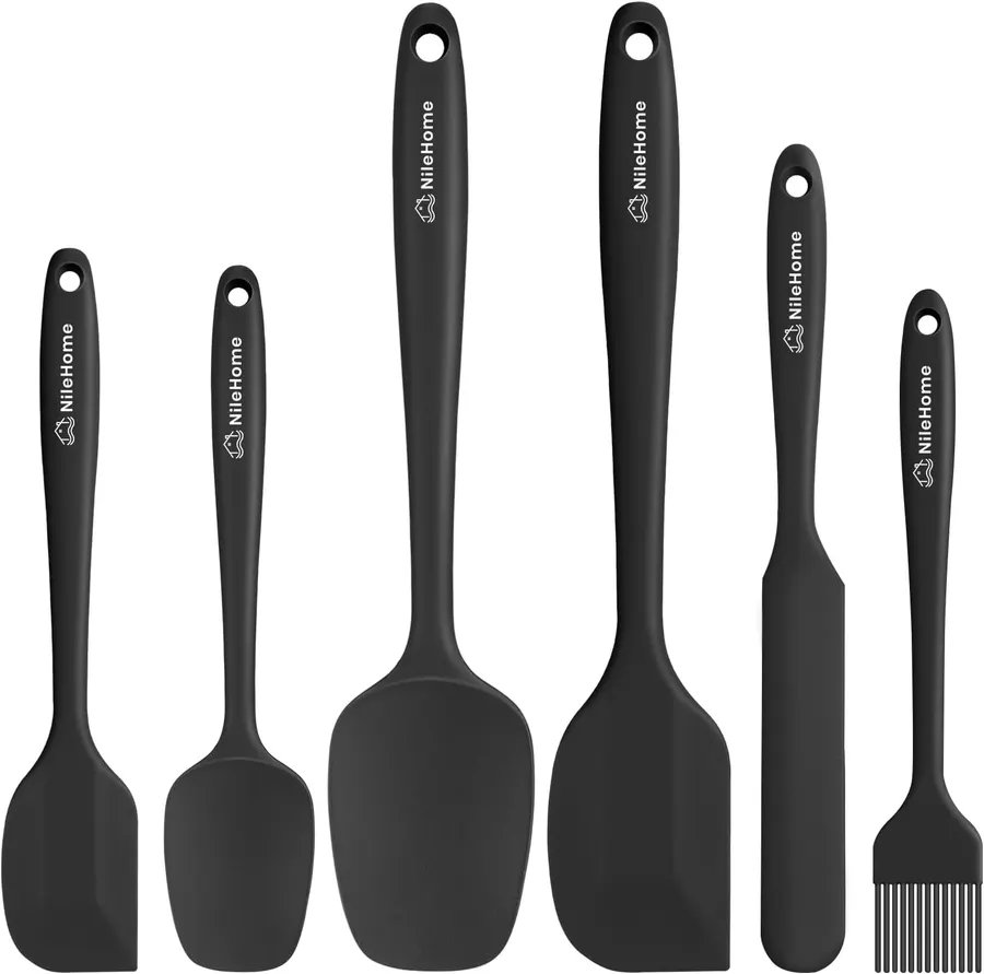 Set 6 espátulas silicona grado alimenticio resistentes calor 600°F lavavajillas NileHome negro — imagen 1