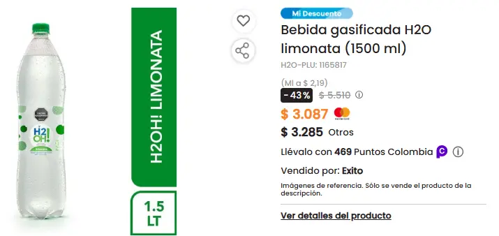 Bebida gasificada H2O limonata (1500 ml) pagando con MASTERCARD — imagen 1