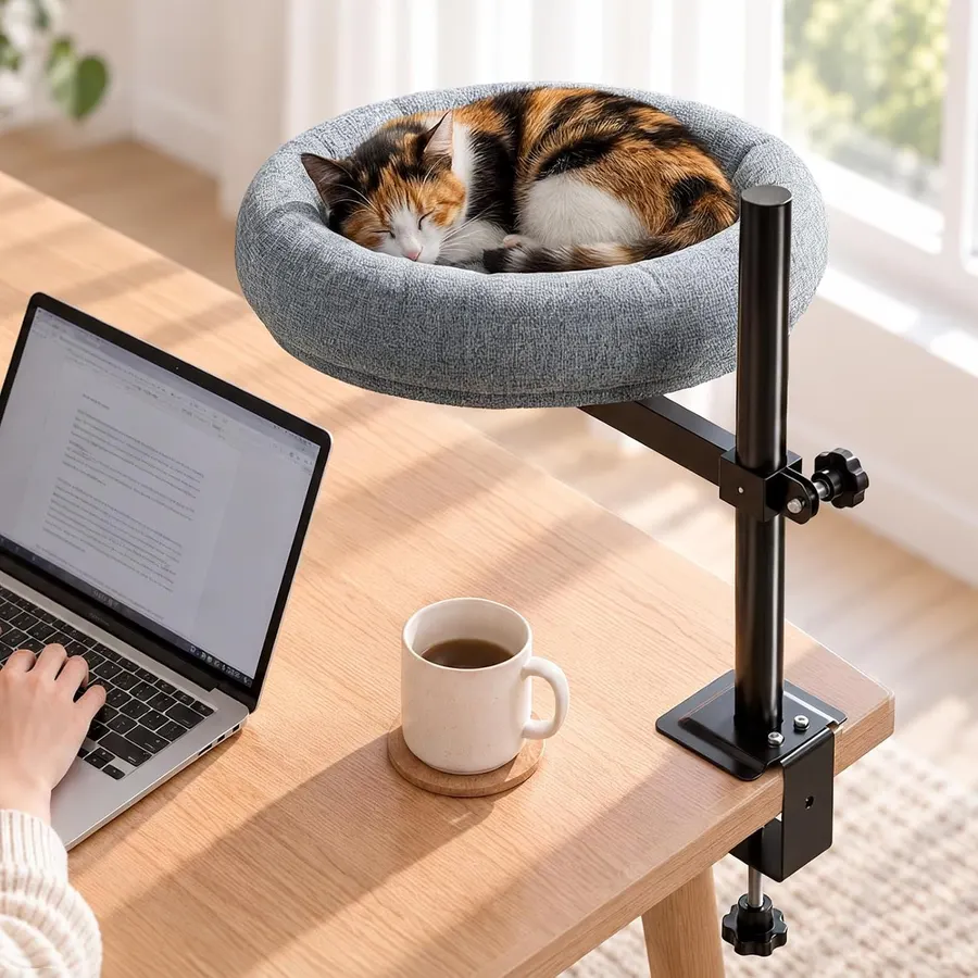 Cama giratoria para gato 360°, soporte ajustable, marco reforzado, tela lino lavable, TXXTOL gris — imagen 1