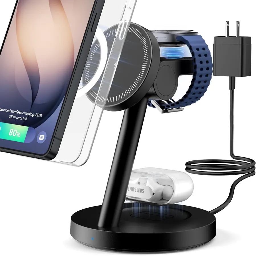 Estación de carga magnética 3 en 1 para Samsung, cargador inalámbrico MagSafe para Galaxy S25, reloj y auriculares, KPON, negro — imagen 1