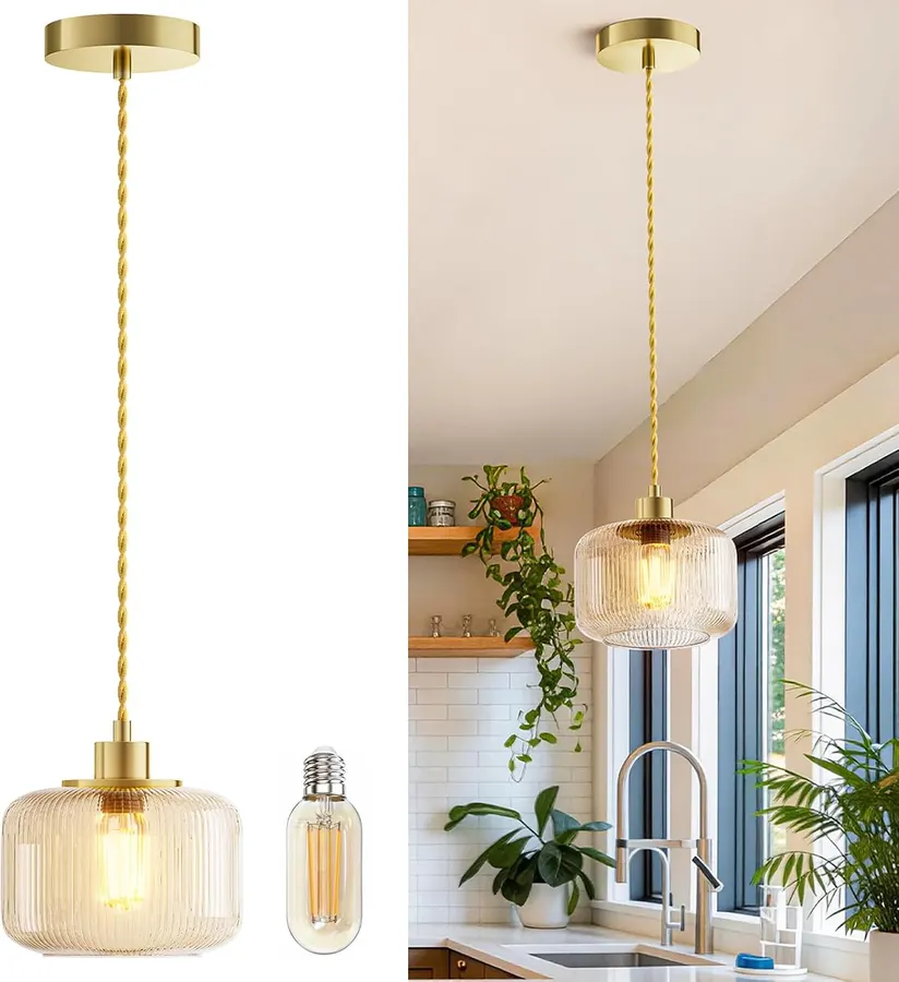 Lámpara colgante vidrio ámbar texturizado 18cm diámetro, cordón ajustable 1.5m, bombilla LED 7W Karjoefar — imagen 1