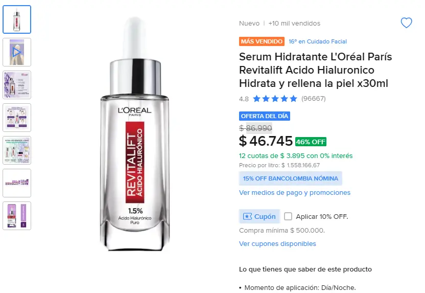 Serum Hidratante L'Oréal París Revitalift Acido Hialuronico Hidrata y rellena la piel x30ml — imagen 1
