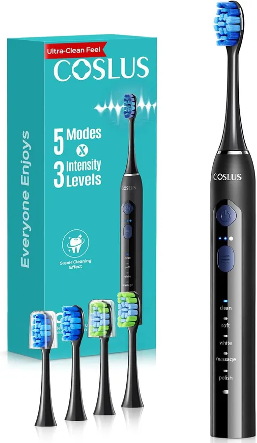 Cepillo de dientes eléctrico COSLUS C30 adultos, 5 modos, 3 intensidades, motor magnético duradero, negro — imagen 1
