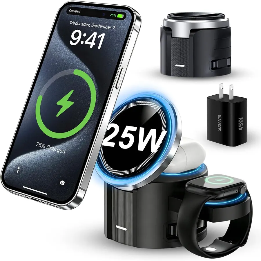 Estación de Carga Inalámbrica Magnética 25W, Carga Rápida 3-en-1 para iPhone, Apple Watch y AirPods — imagen 1