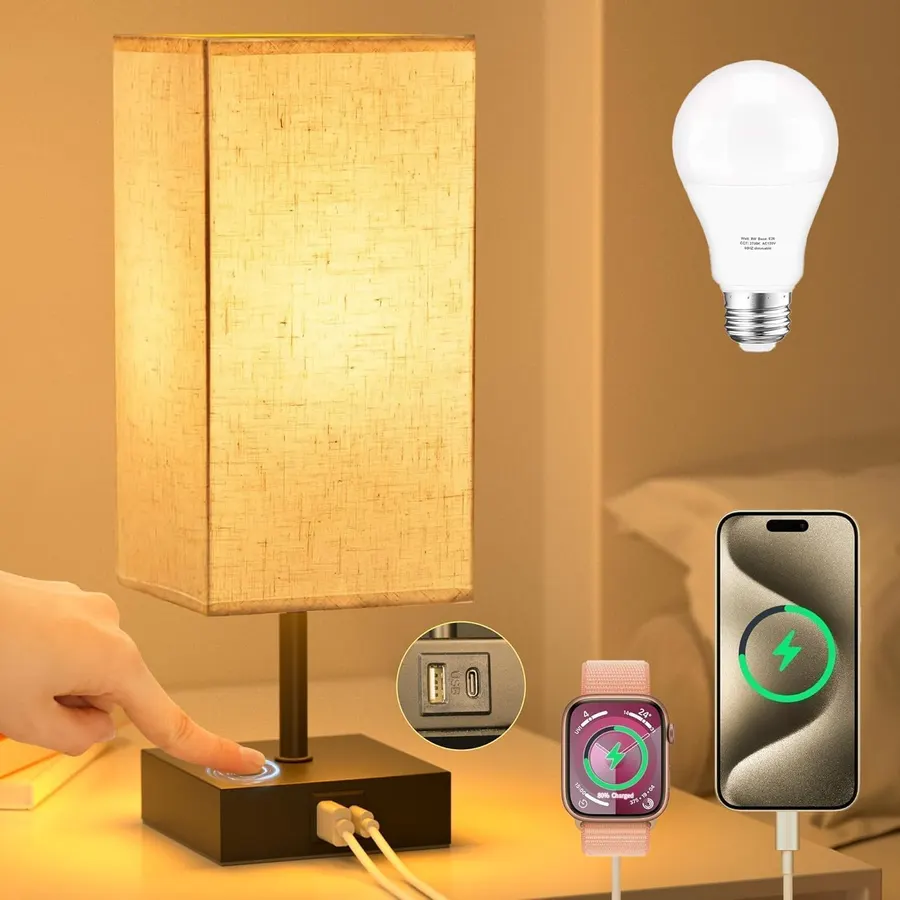 Lámpara de noche Hansang táctil regulable 3 niveles, pantalla beige lino con puertos USB-C y USB-A — imagen 1