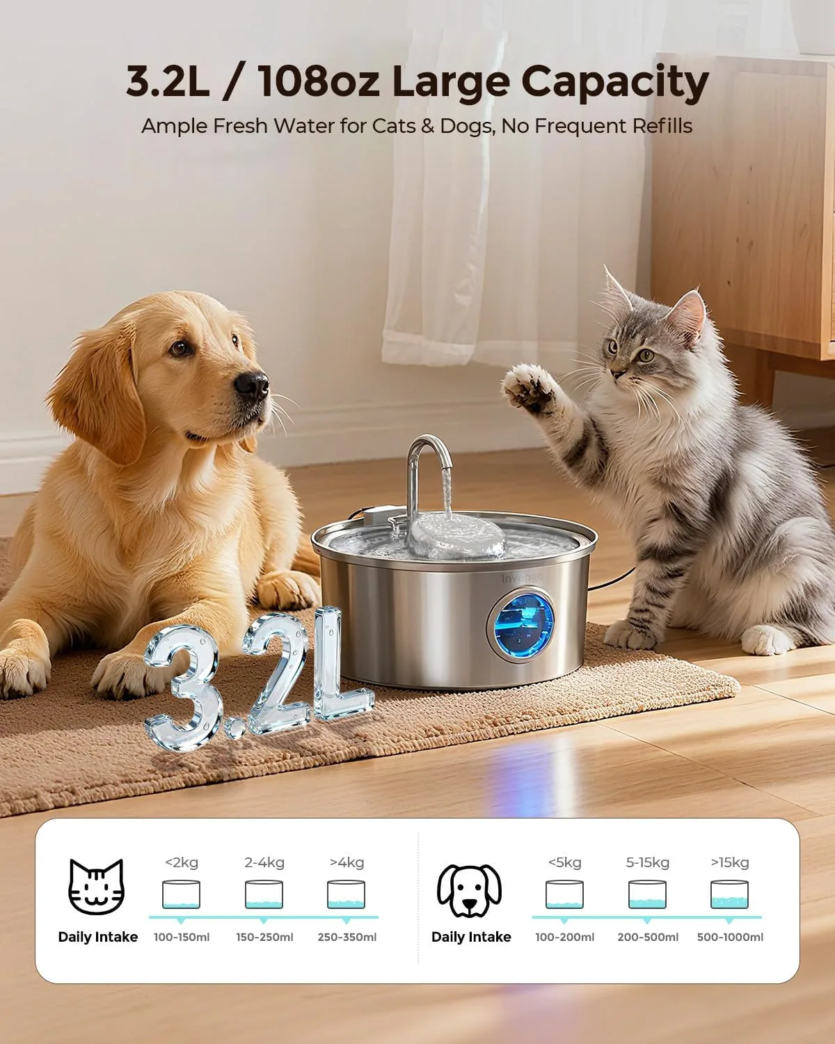 Fuente de Agua para Gatos 3,2 L Acero Inoxidable Silenciosa — imagen 2