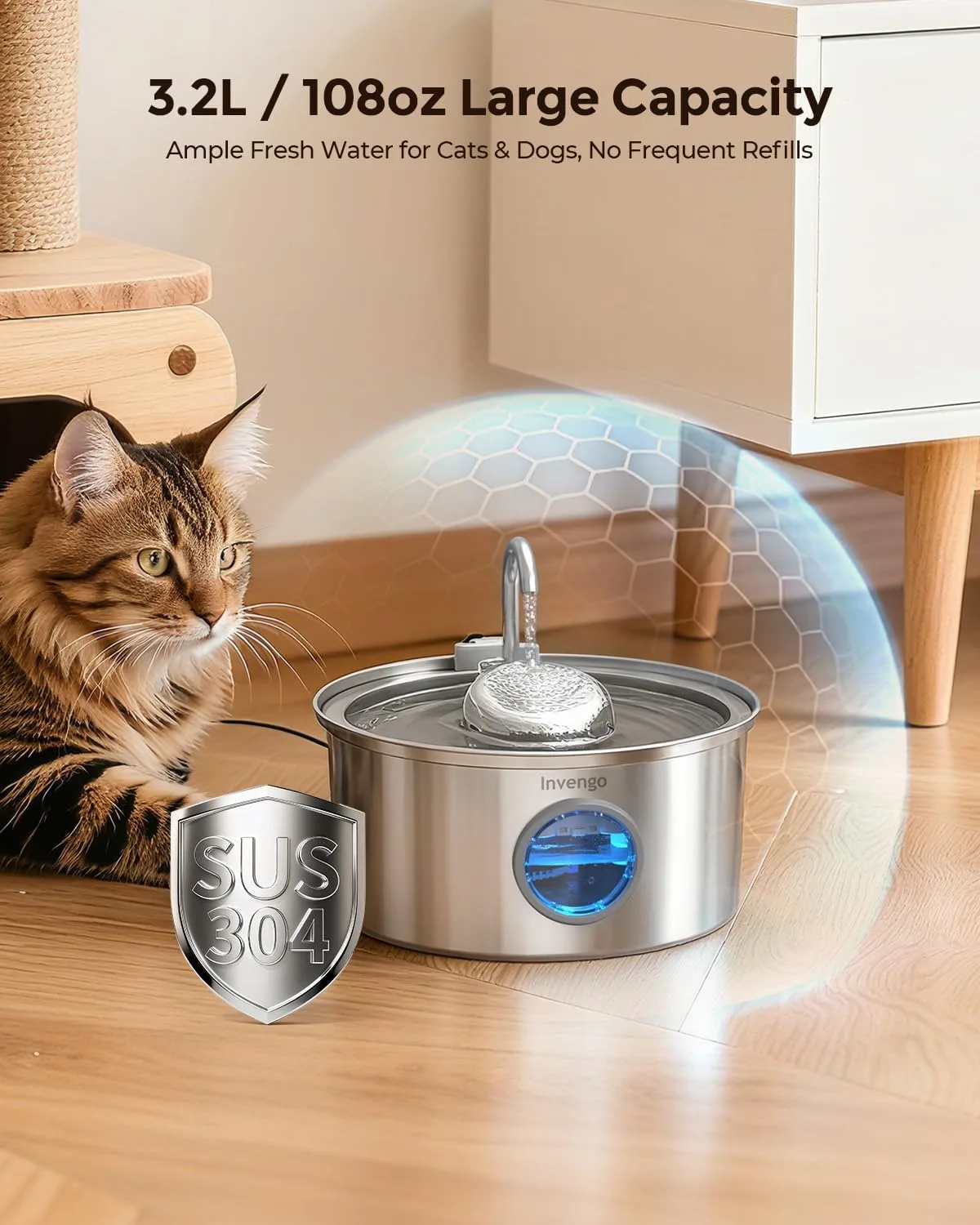 Fuente de Agua para Gatos 3,2 L Acero Inoxidable Silenciosa — imagen 3