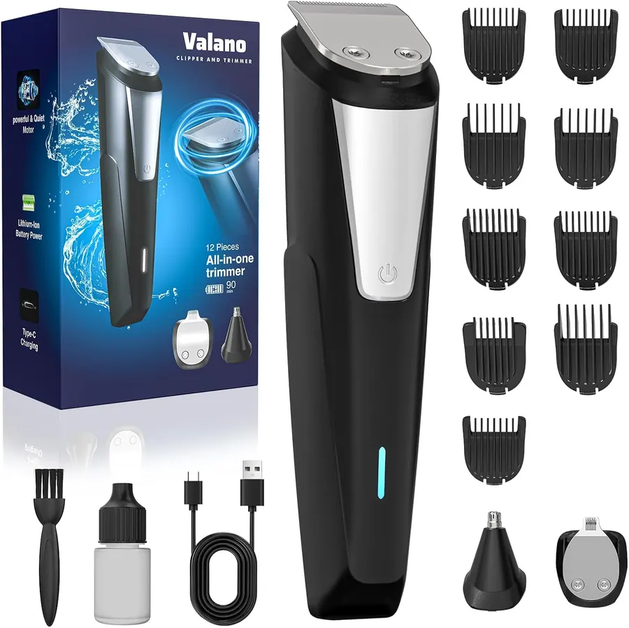 Cortapelo Valano recargable USB, tres cuchillas, nueve peines, motor 6700 RPM, para barba y cuerpo, negro — imagen 1