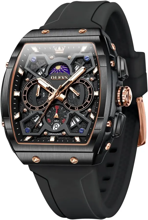 Reloj cronógrafo OLEVS para hombre esfera negra grande fases lunarias correa silicona resistente agua — imagen 1