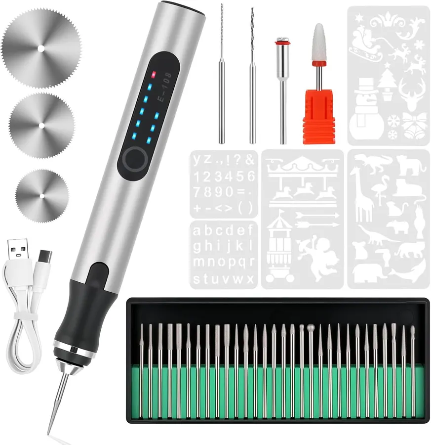 Bolígrafo grabador eléctrico 37 brocas madera vidrio piedra recargable USB Timntts plateado — imagen 1